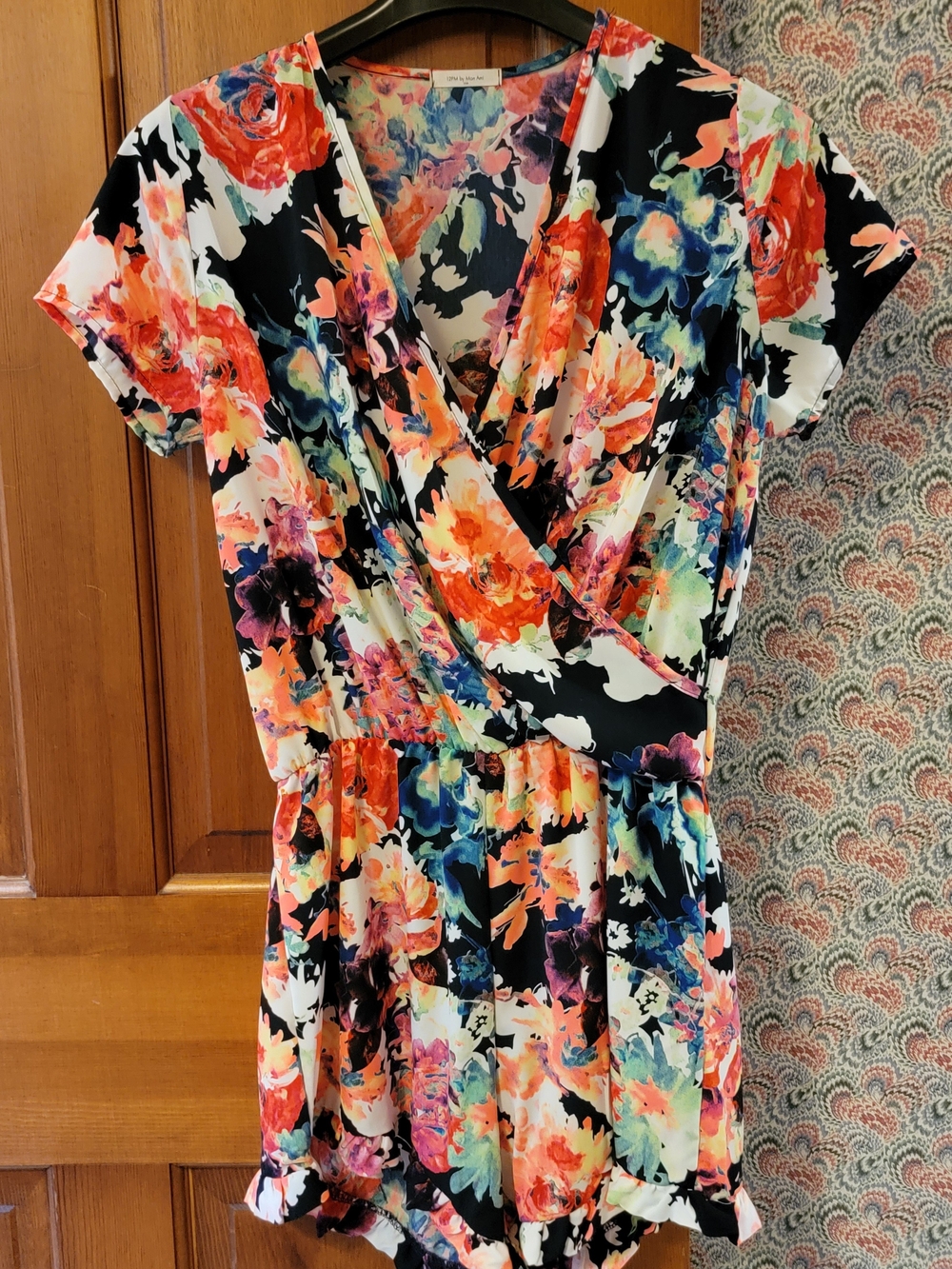 12PM by Mon Ami Watercolor Floral Faux Wrap Romper Ruffle Hem Medium